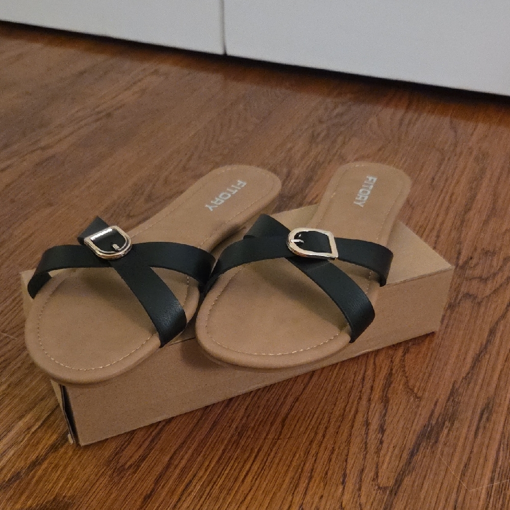 Fitory Black Cross-Strap Wedge Slide Sandals with Gold Buckle Accent